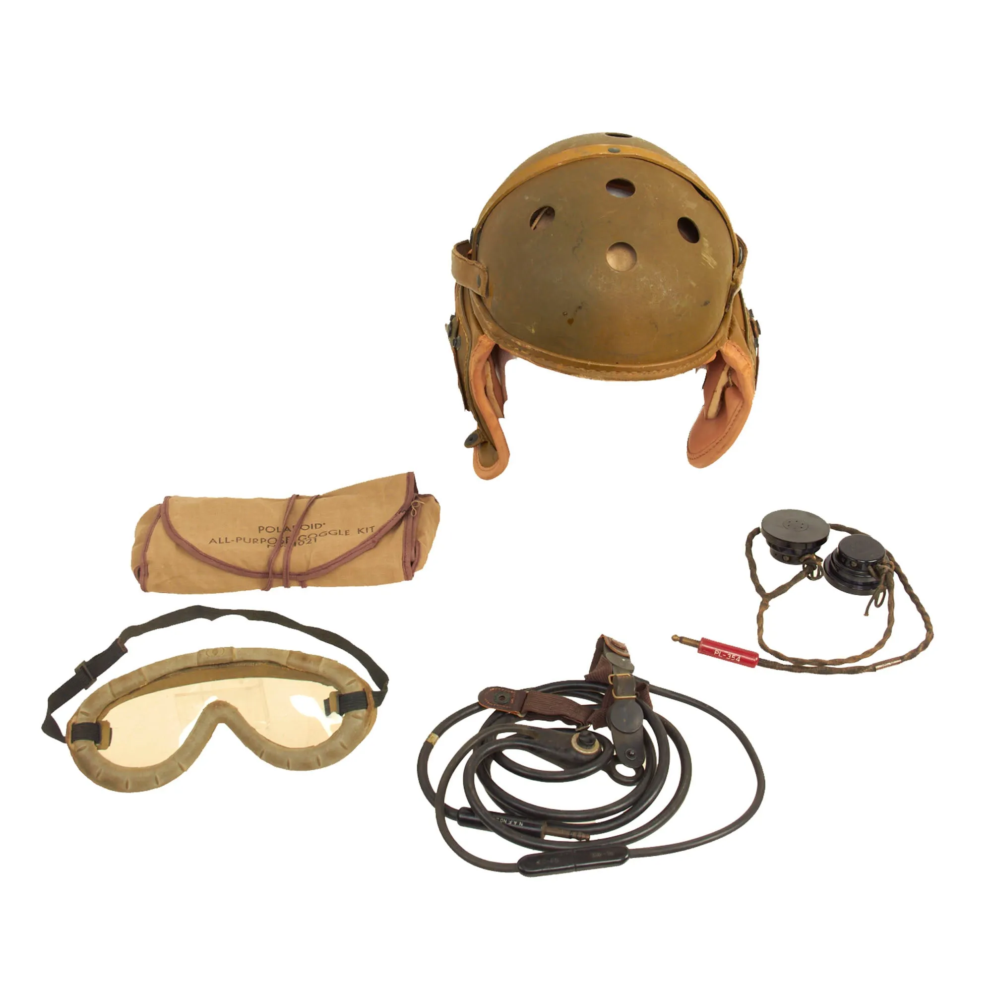 Original U.S. WWII M38 Tanker Helmet by Rawlings with Type ANB-H-1 Earphones, Throat Mic and Early Polaroid Goggles