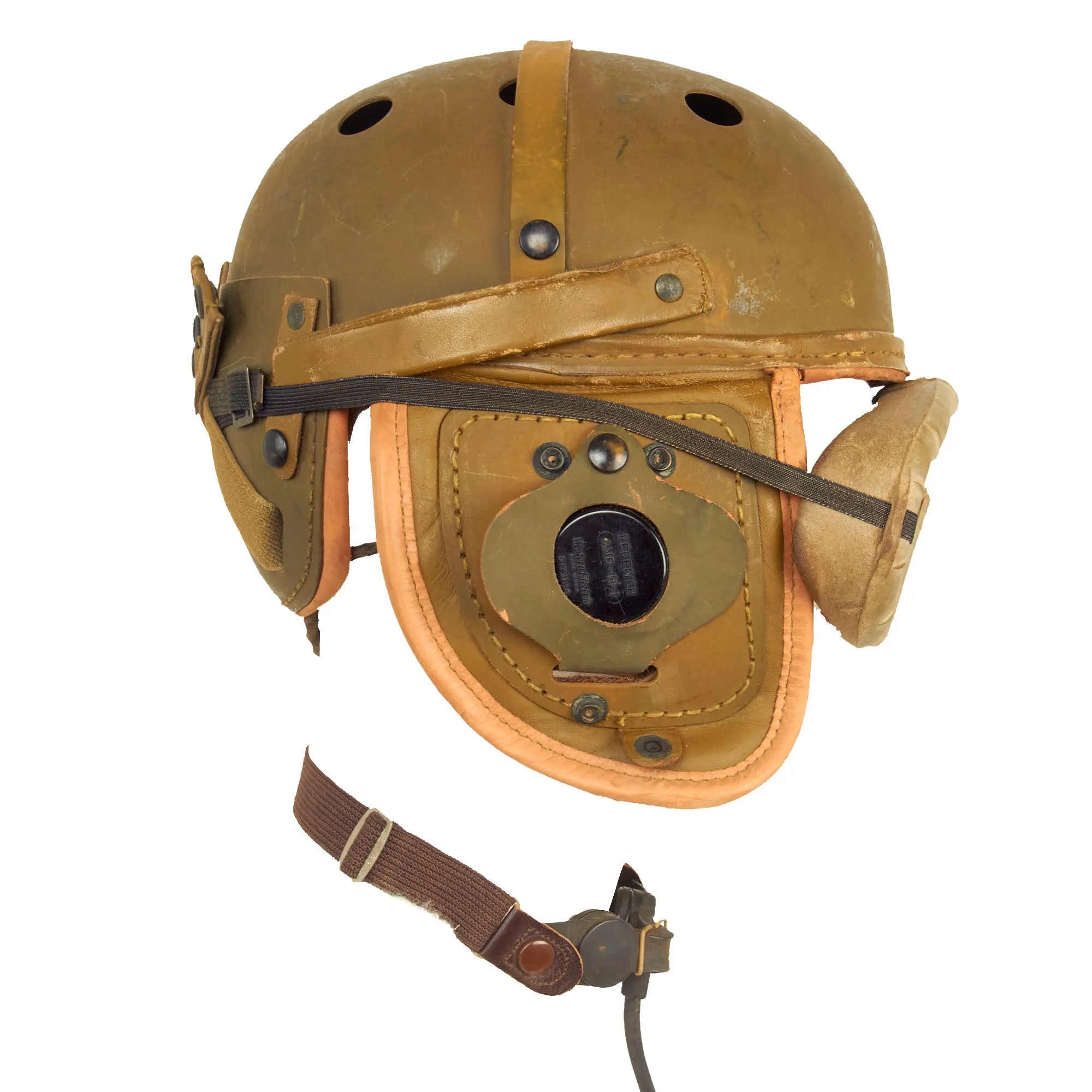 Original U.S. WWII M38 Tanker Helmet by Rawlings with Type ANB-H-1 Earphones, Throat Mic and Early Polaroid Goggles