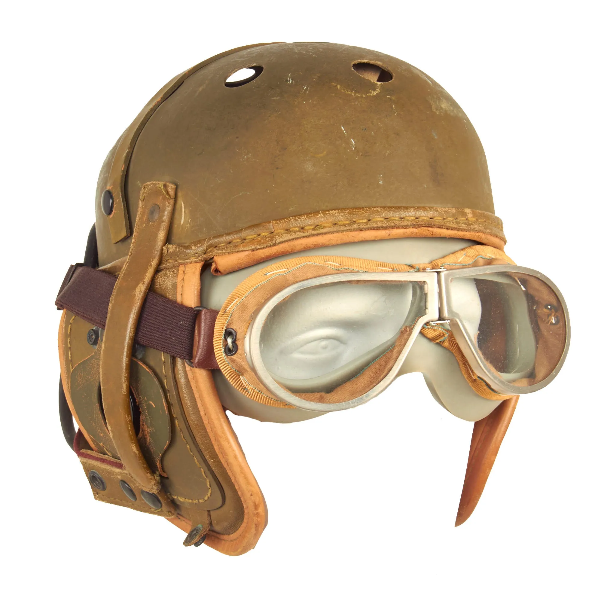 Original U.S. WWII M38 Tanker Helmet by Rawlings with Type R-14 Earphones and Goggles