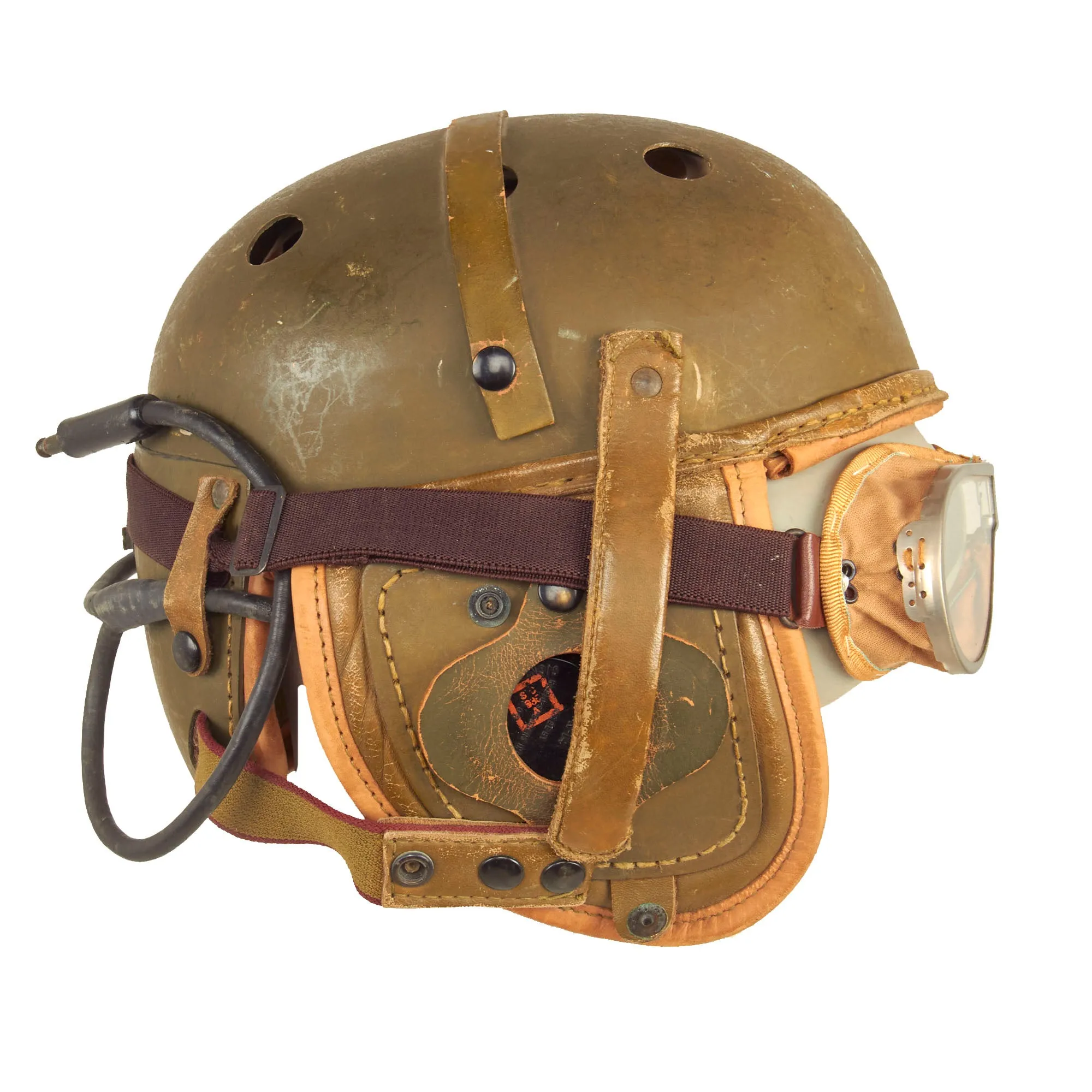 Original U.S. WWII M38 Tanker Helmet by Rawlings with Type R-14 Earphones and Goggles