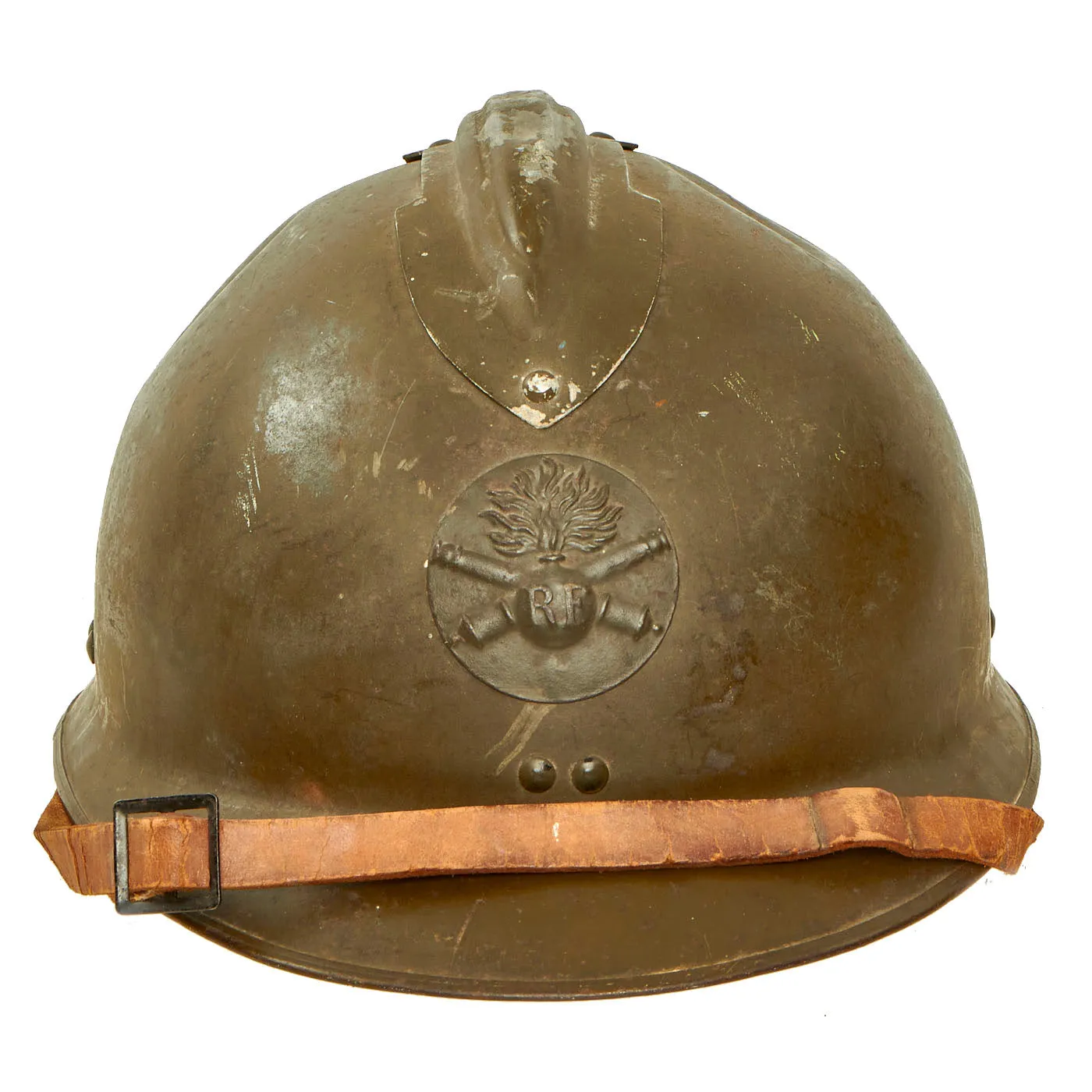 Original WWII French Complete Model 1926 Adrian Artillery Helmet with Liner & Chinstrap - Olive Green