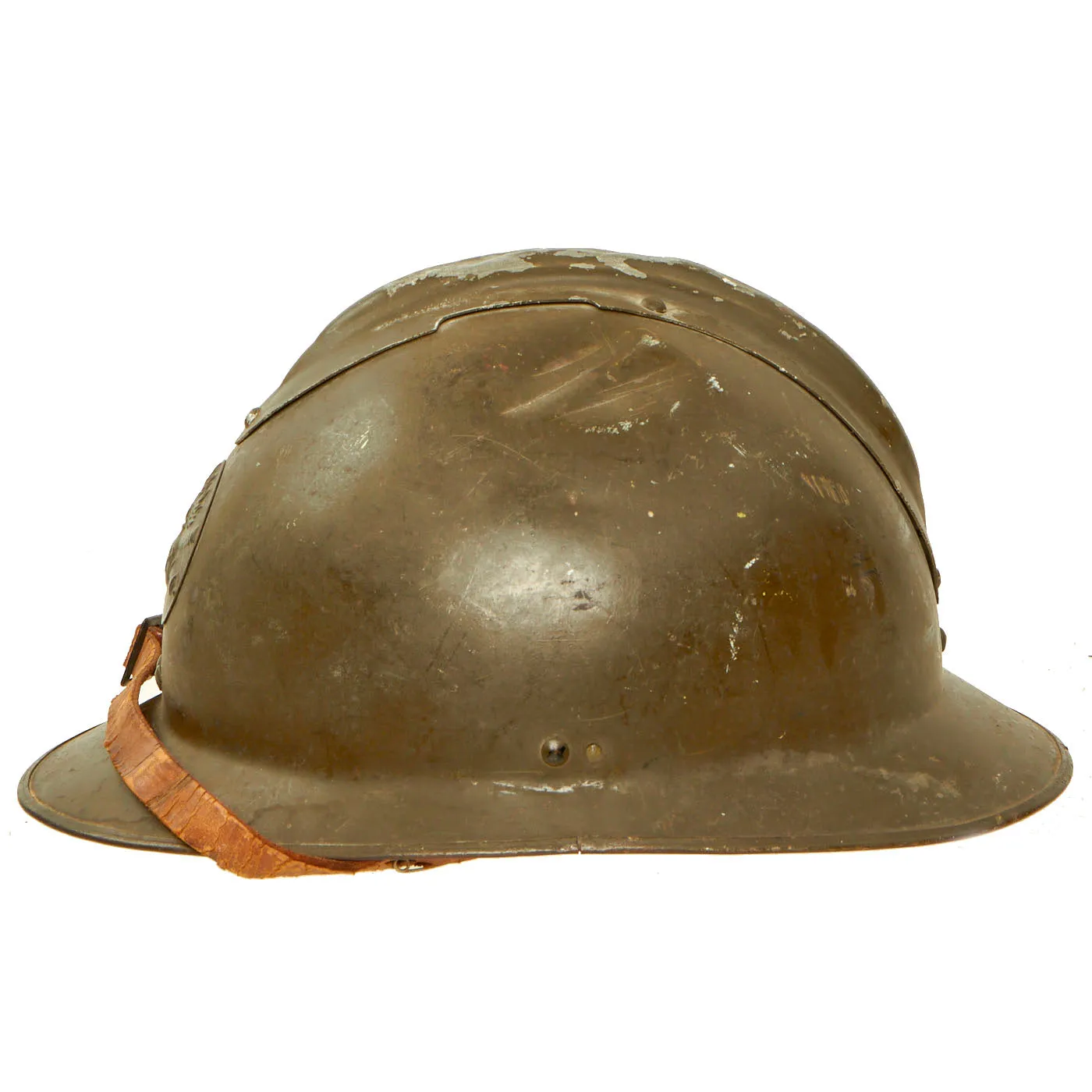 Original WWII French Complete Model 1926 Adrian Artillery Helmet with Liner & Chinstrap - Olive Green