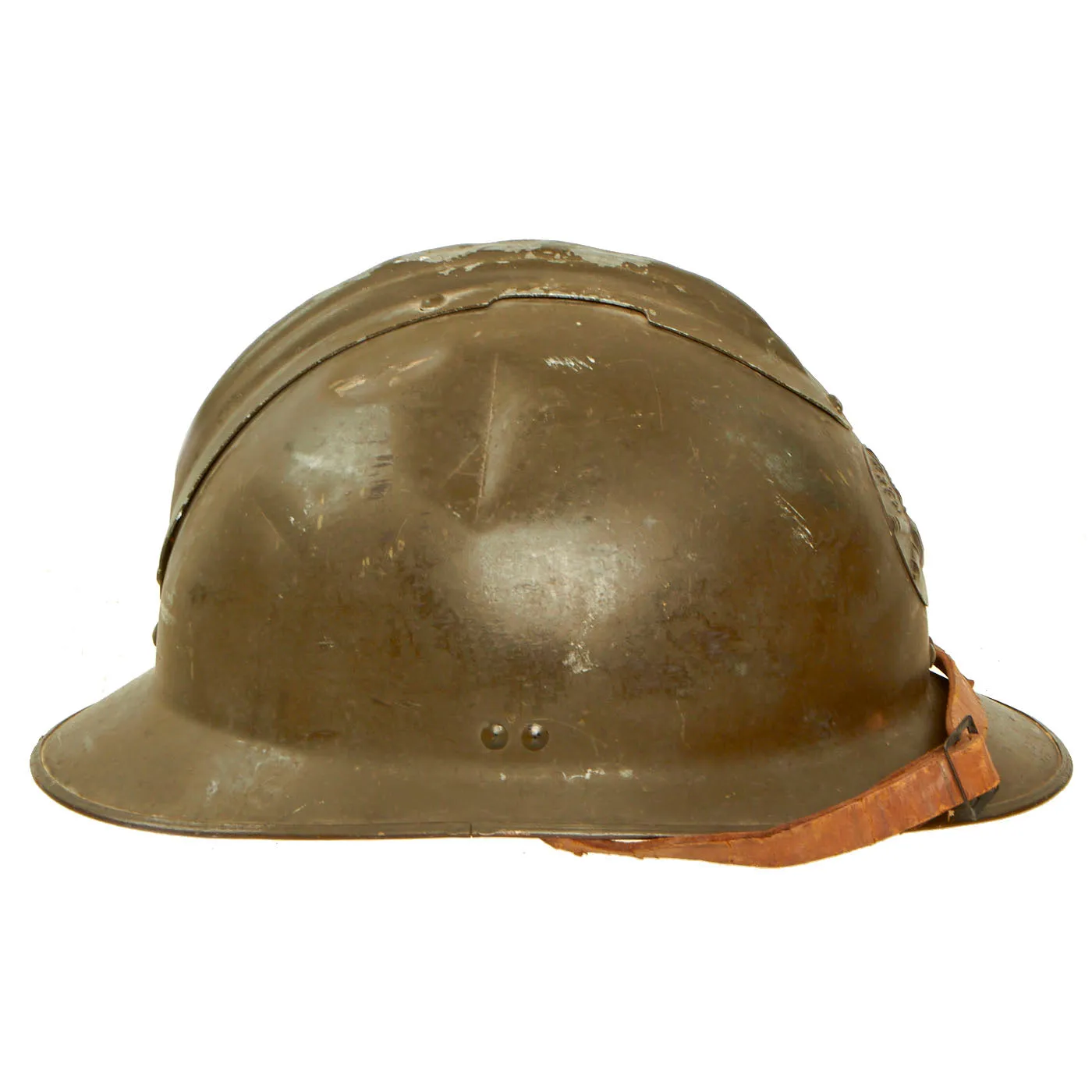 Original WWII French Complete Model 1926 Adrian Artillery Helmet with Liner & Chinstrap - Olive Green