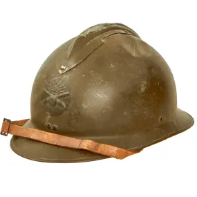 Original WWII French Complete Model 1926 Adrian Artillery Helmet with Liner & Chinstrap - Olive Green