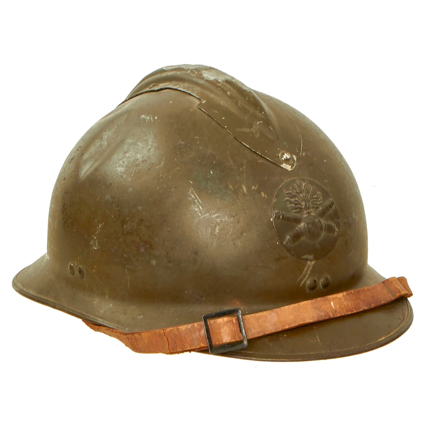 Original WWII French Complete Model 1926 Adrian Artillery Helmet with Liner & Chinstrap - Olive Green