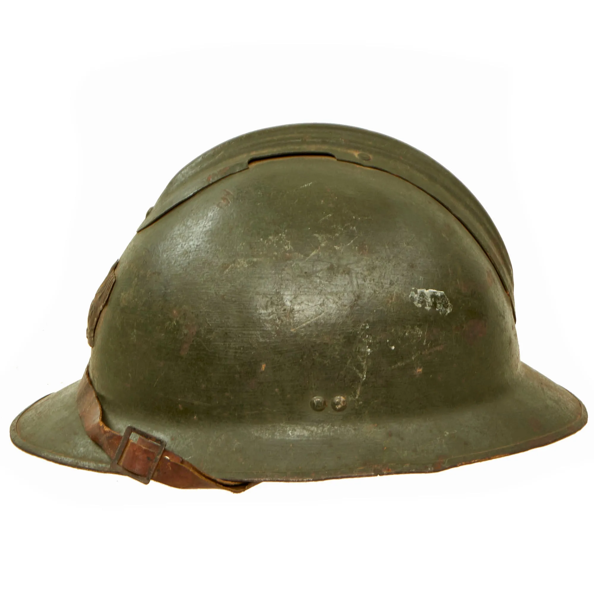 Original WWII French Complete Model 1926 Adrian Engineer Helmet with Liner & Chinstrap - Olive Green