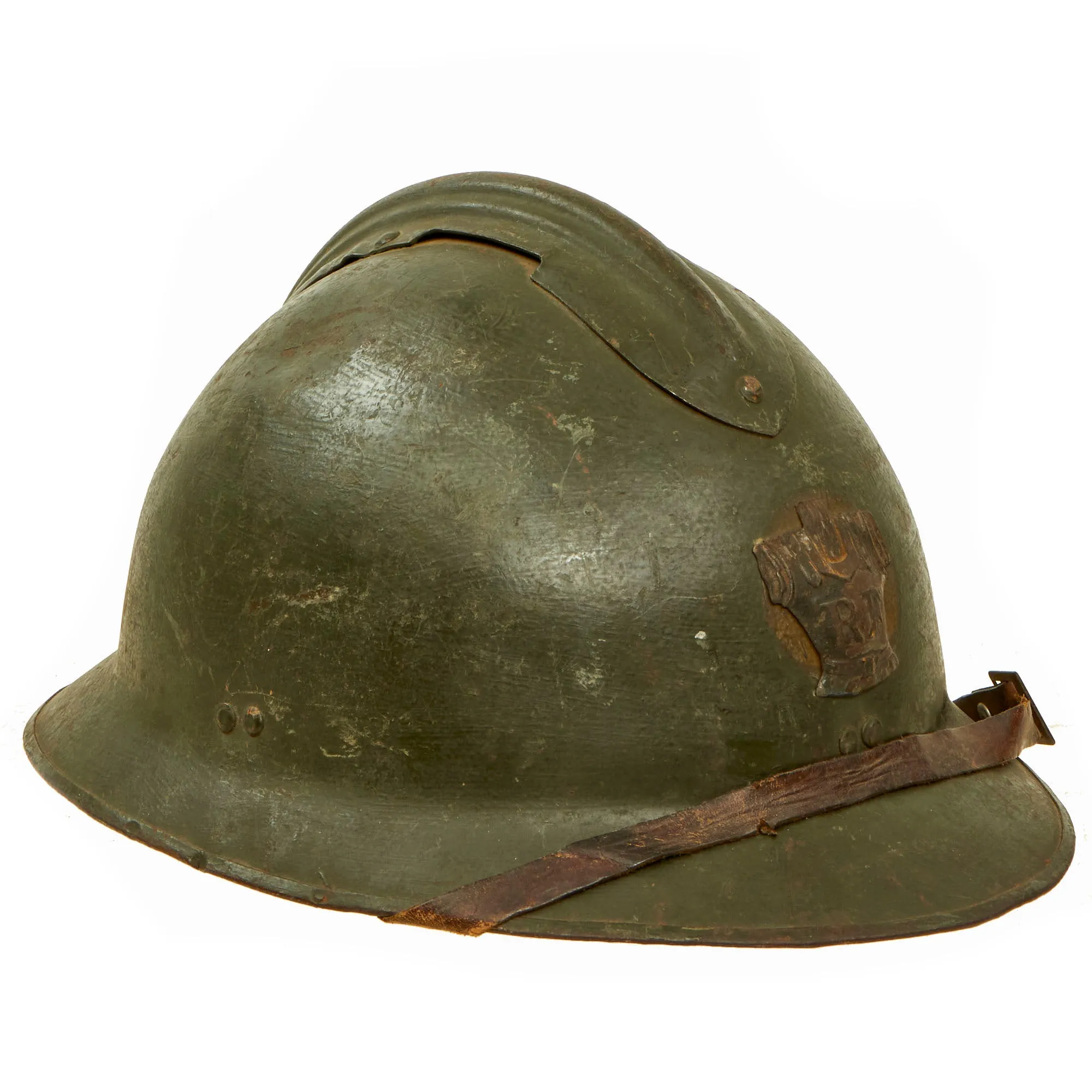 Original WWII French Complete Model 1926 Adrian Engineer Helmet with Liner & Chinstrap - Olive Green