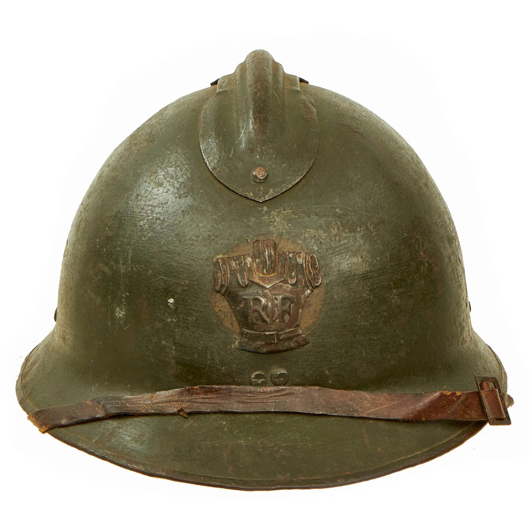 Original WWII French Complete Model 1926 Adrian Engineer Helmet with Liner & Chinstrap - Olive Green