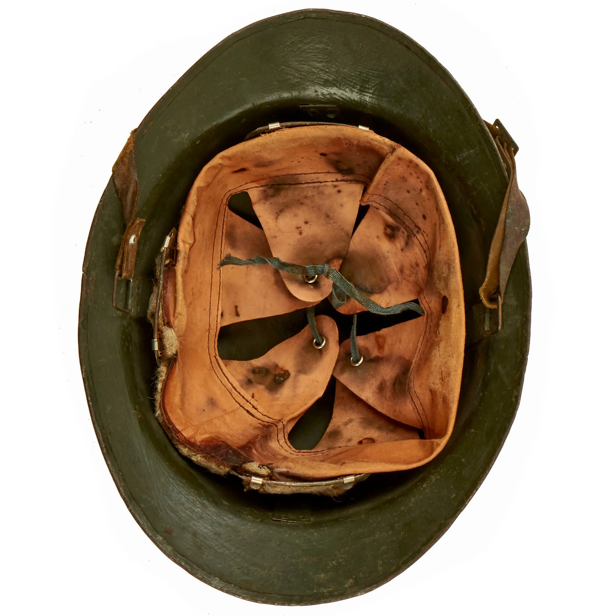 Original WWII French Complete Model 1926 Adrian Engineer Helmet with Liner & Chinstrap - Olive Green