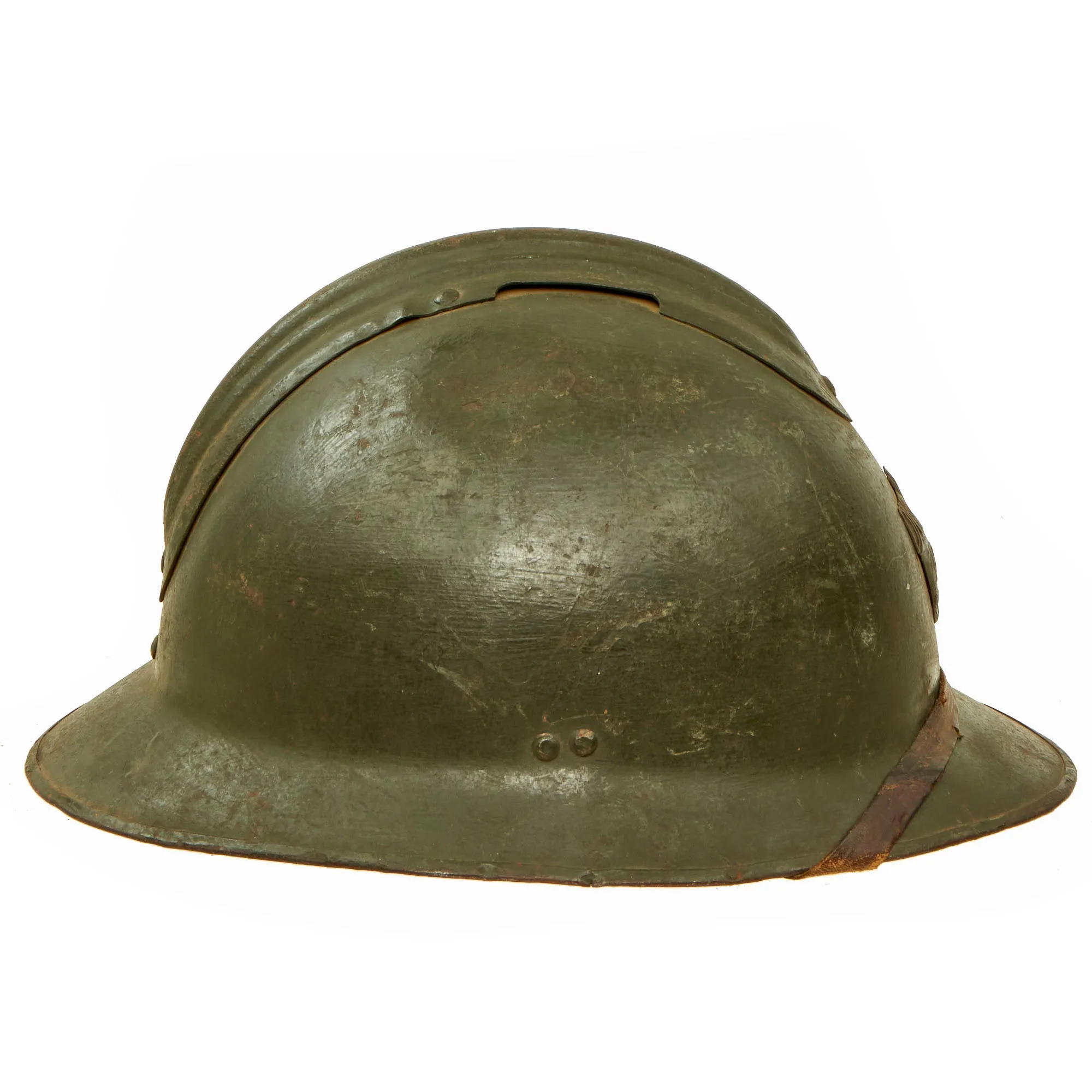 Original WWII French Complete Model 1926 Adrian Engineer Helmet with Liner & Chinstrap - Olive Green