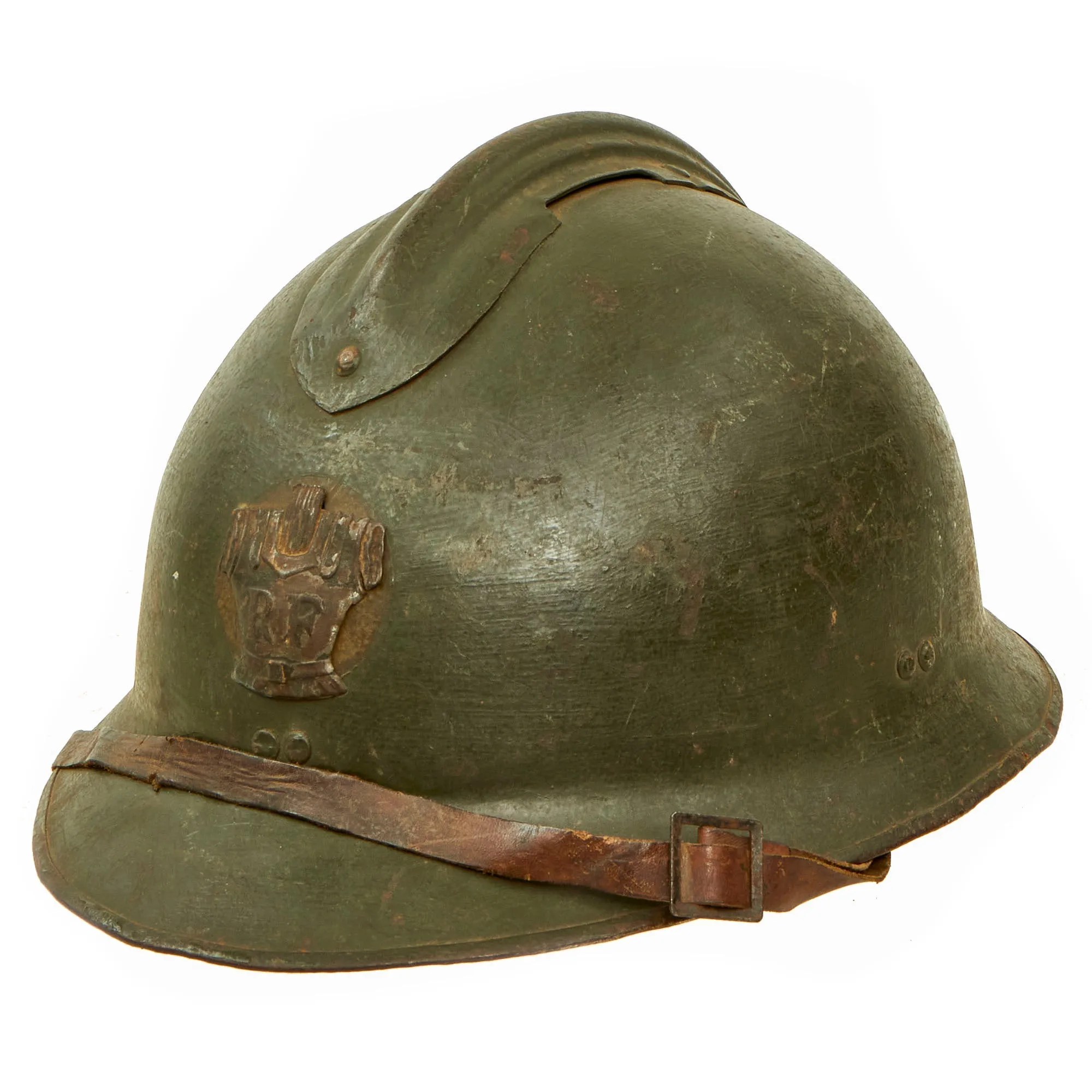 Original WWII French Complete Model 1926 Adrian Engineer Helmet with Liner & Chinstrap - Olive Green