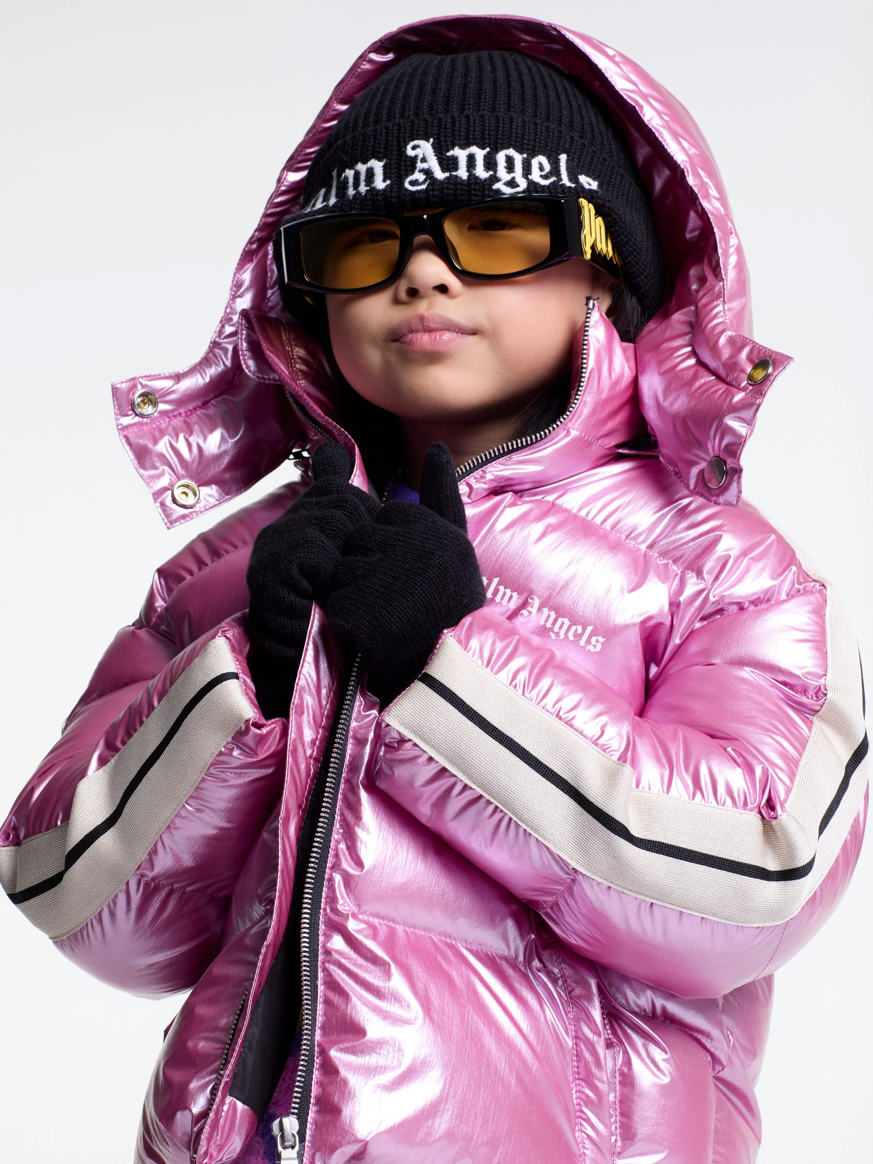 Palm Angels Girls Shiny Track Hooded Puffer Jacket in Pink