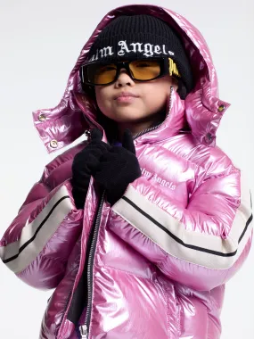 Palm Angels Girls Shiny Track Hooded Puffer Jacket in Pink