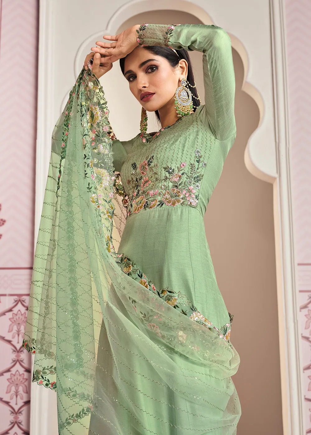 Pastel Green Art Silk Fabric Indian Embroidered Anarkali Suit