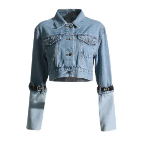 Patchwork Belt Casual Denim Jackets For Women Lapel Long Sleeve Spliced Single Breasted Minimalist Short Jacket Female