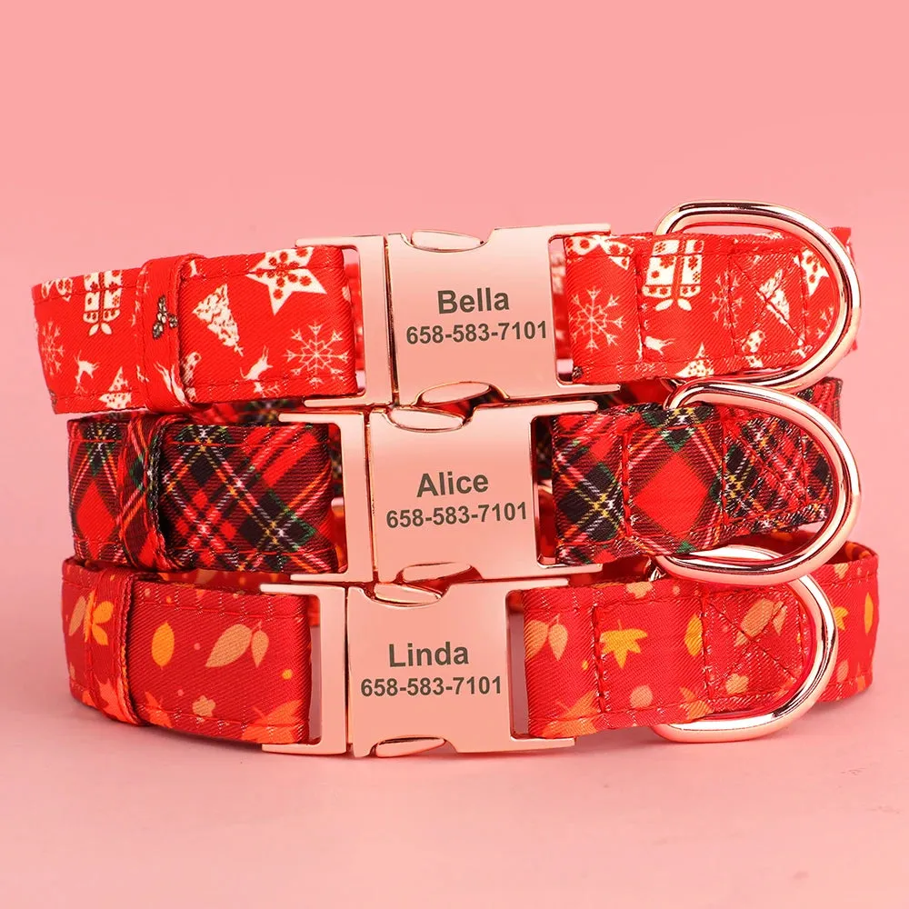 Personalized Christmas Dog Collar – Classic Red Plaid Pet Collar with Bowknot & Free Engraving ID Tag for Small and Medium Dogs