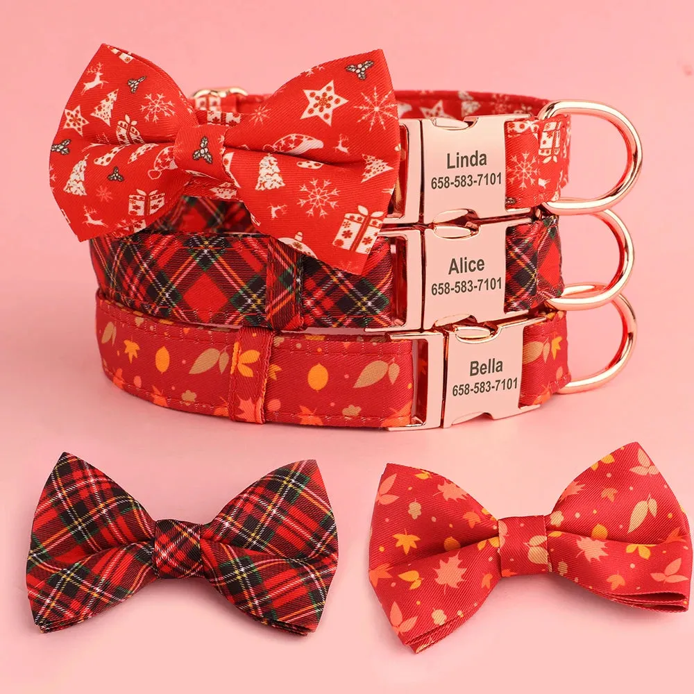 Personalized Christmas Dog Collar – Classic Red Plaid Pet Collar with Bowknot & Free Engraving ID Tag for Small and Medium Dogs