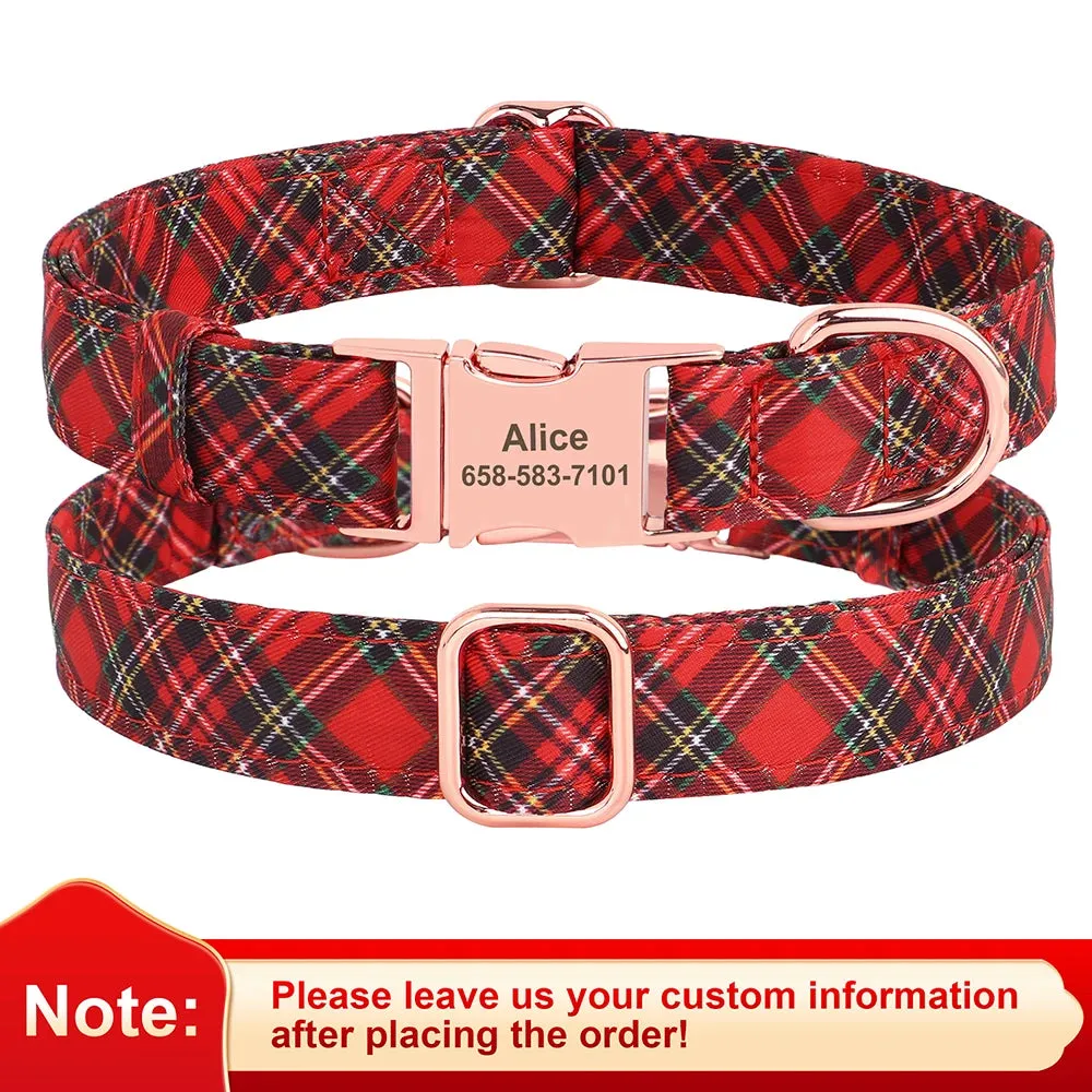 Personalized Christmas Dog Collar – Classic Red Plaid Pet Collar with Bowknot & Free Engraving ID Tag for Small and Medium Dogs