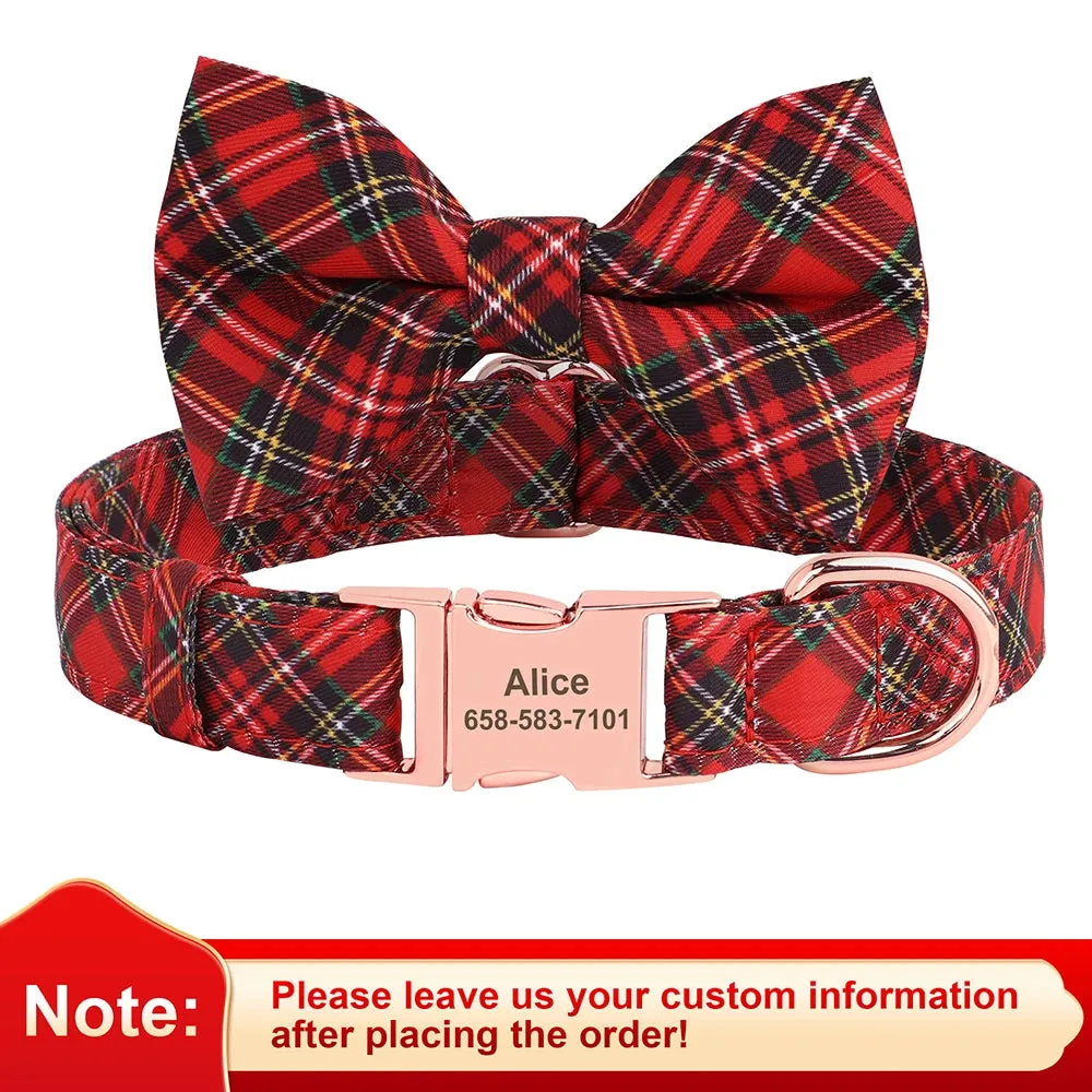 Personalized Christmas Dog Collar – Classic Red Plaid Pet Collar with Bowknot & Free Engraving ID Tag for Small and Medium Dogs