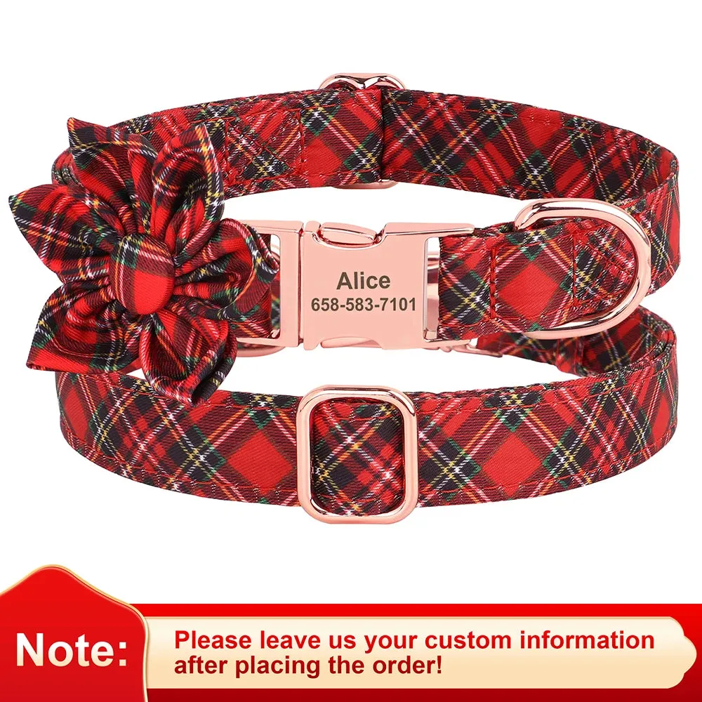 Personalized Christmas Dog Collar – Classic Red Plaid Pet Collar with Bowknot & Free Engraving ID Tag for Small and Medium Dogs