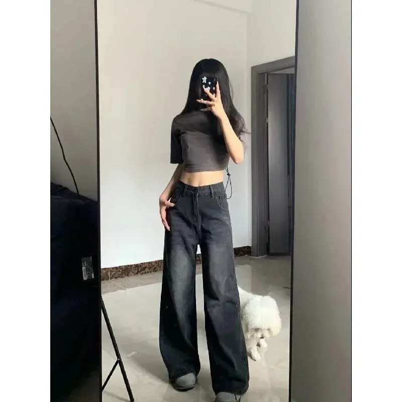 Petite High-Waisted Draped Straight-Leg Women's Loose-Fit Slimming Long Pants Vintage Versatile Style For All Seasons Jeans