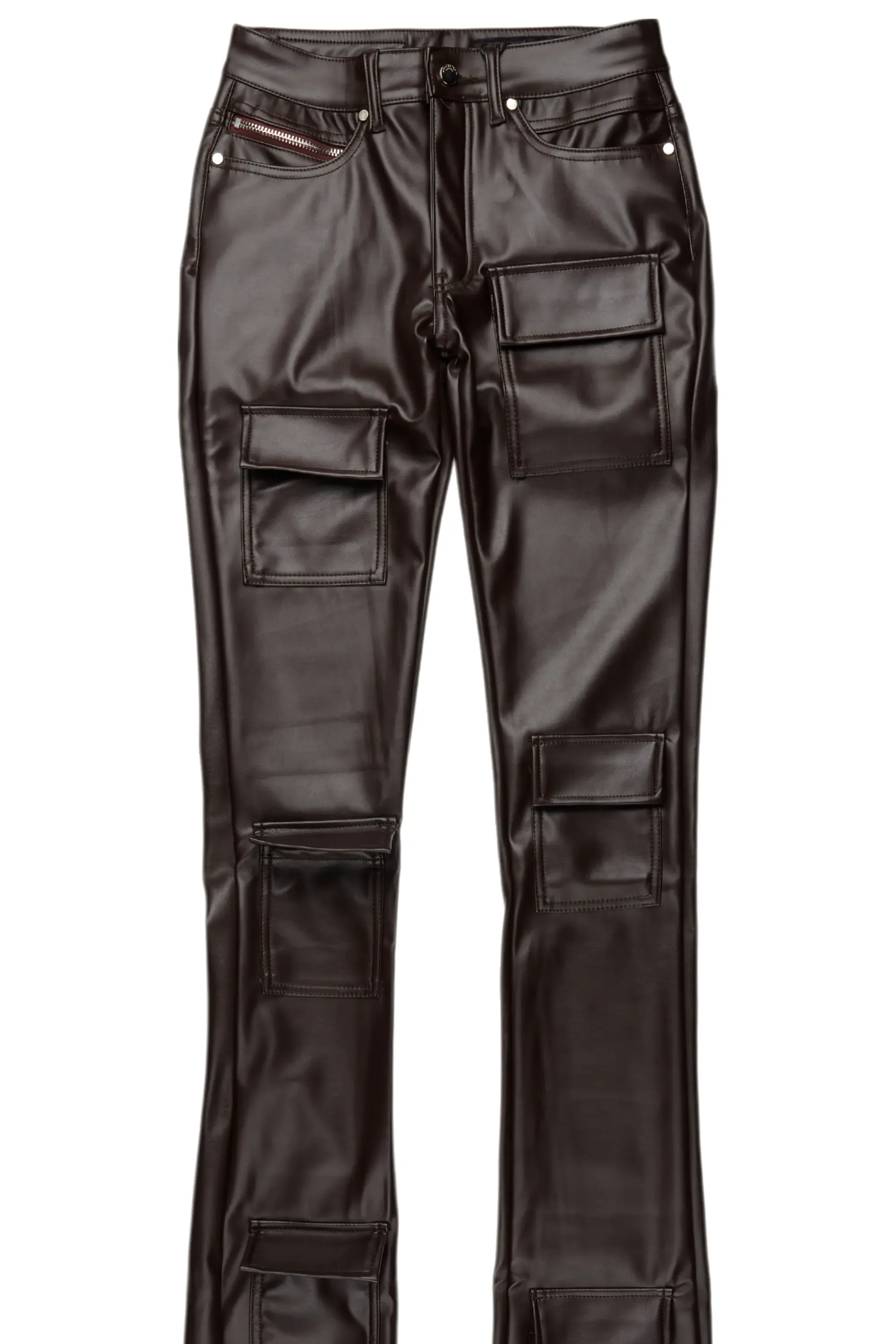 Petrus Brown PU Stacked Flare Leather Jean