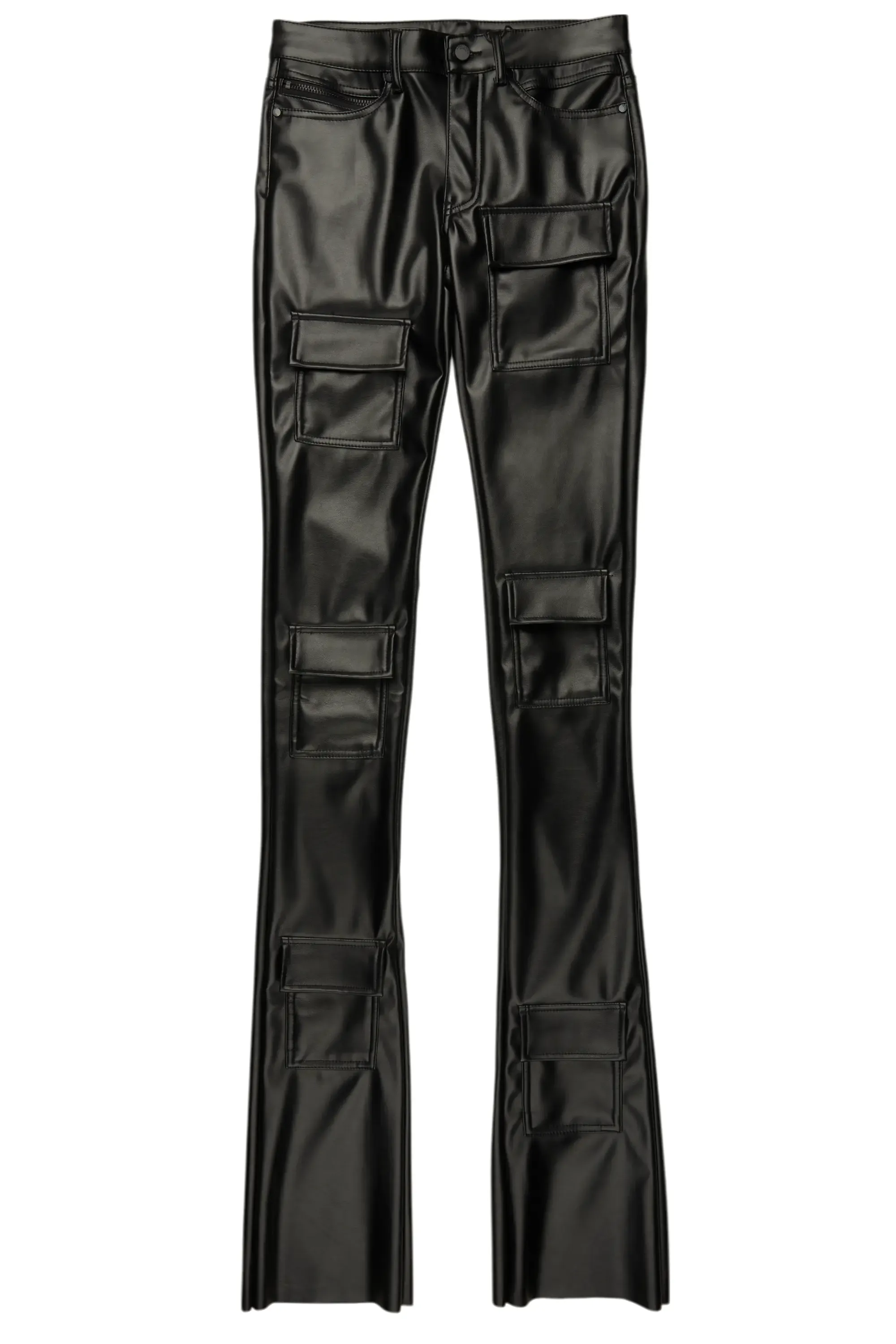 Petrus Jet Black PU Stacked Flare Leather Jean