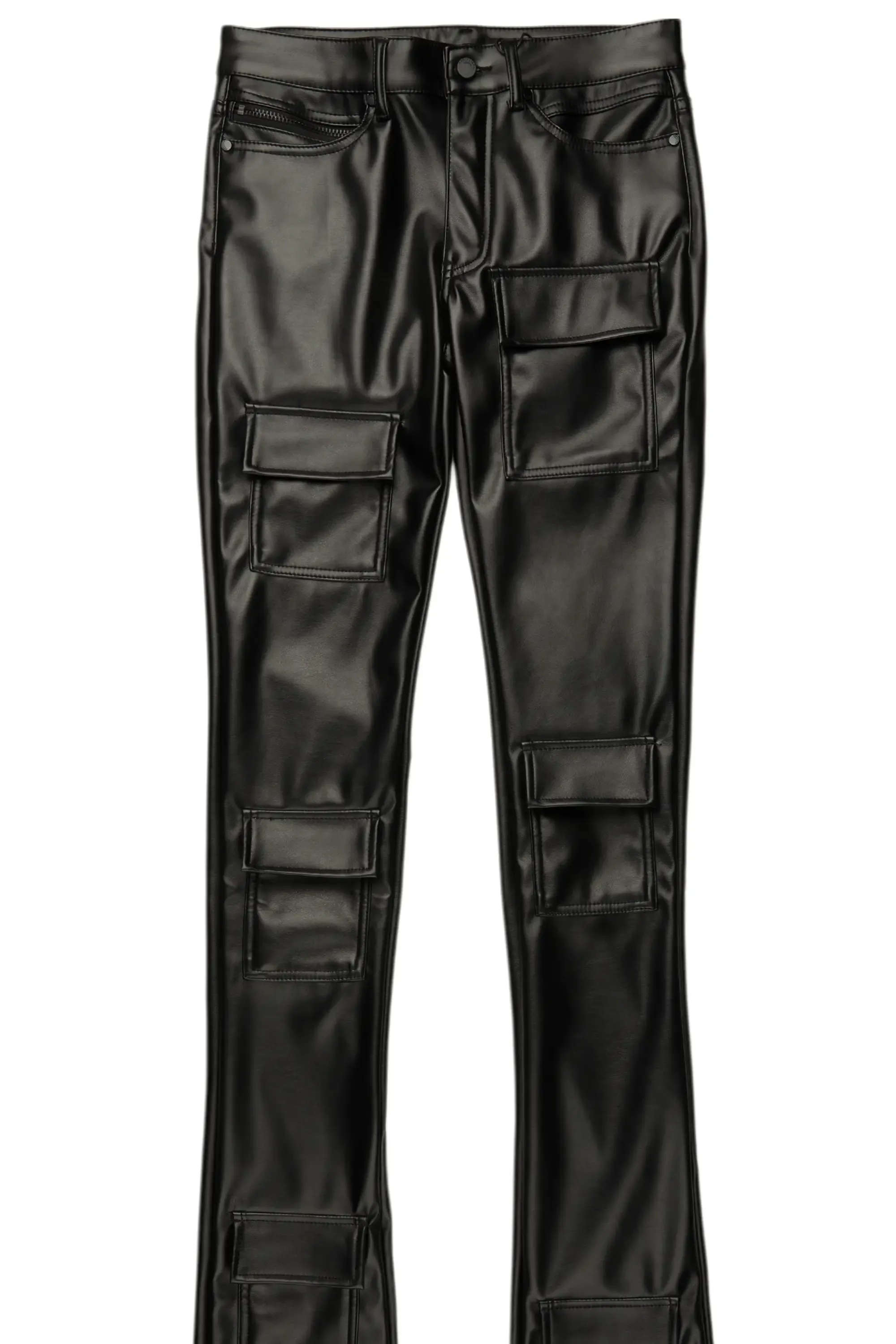 Petrus Jet Black PU Stacked Flare Leather Jean