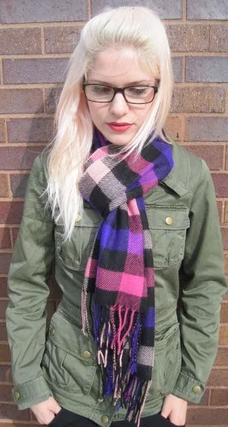 Pink & Purple Check Plaid Fringed Scarf