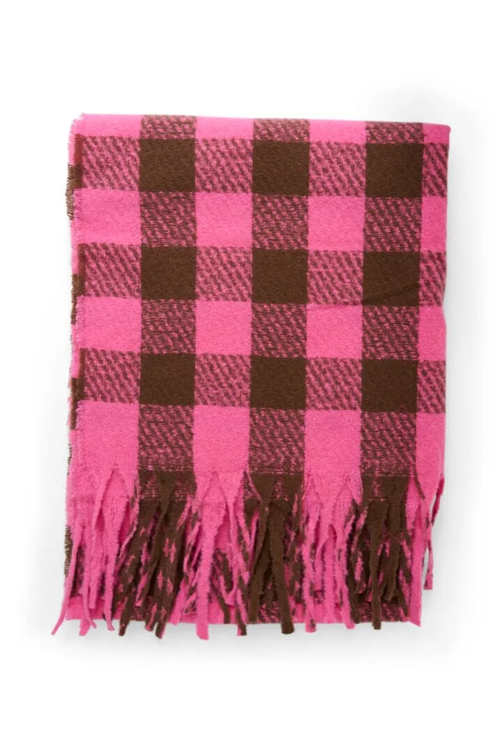 PINK BROWN FRINGE PLAID SCARF