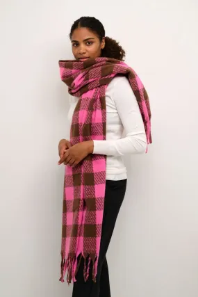 PINK BROWN FRINGE PLAID SCARF