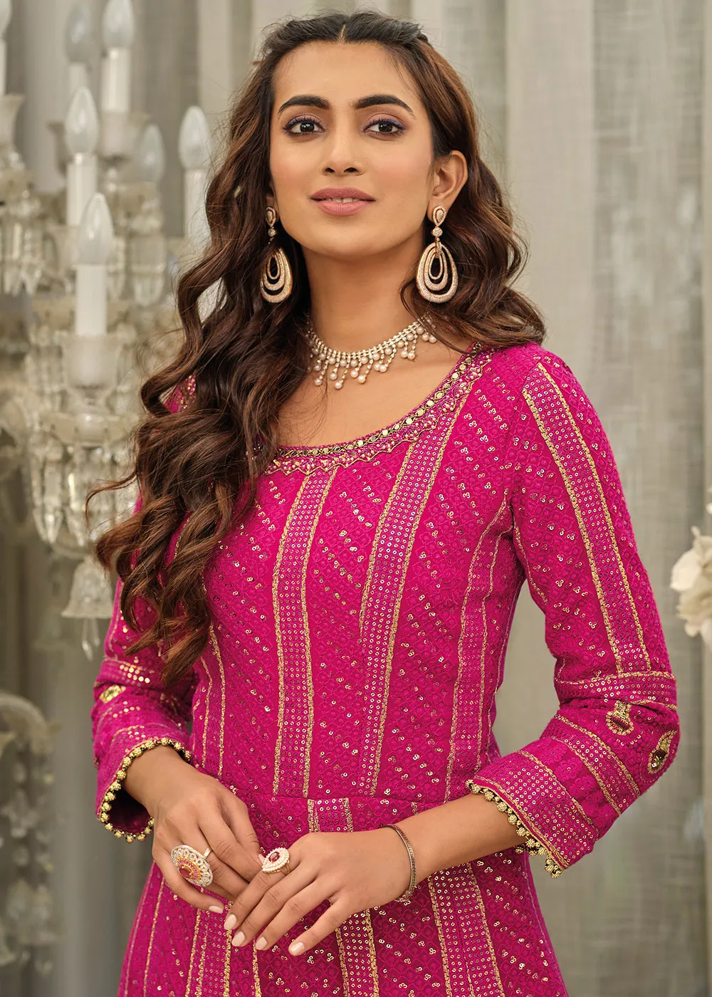 Pink Sangeet Wedding Party Wear Long Anarkali Gown