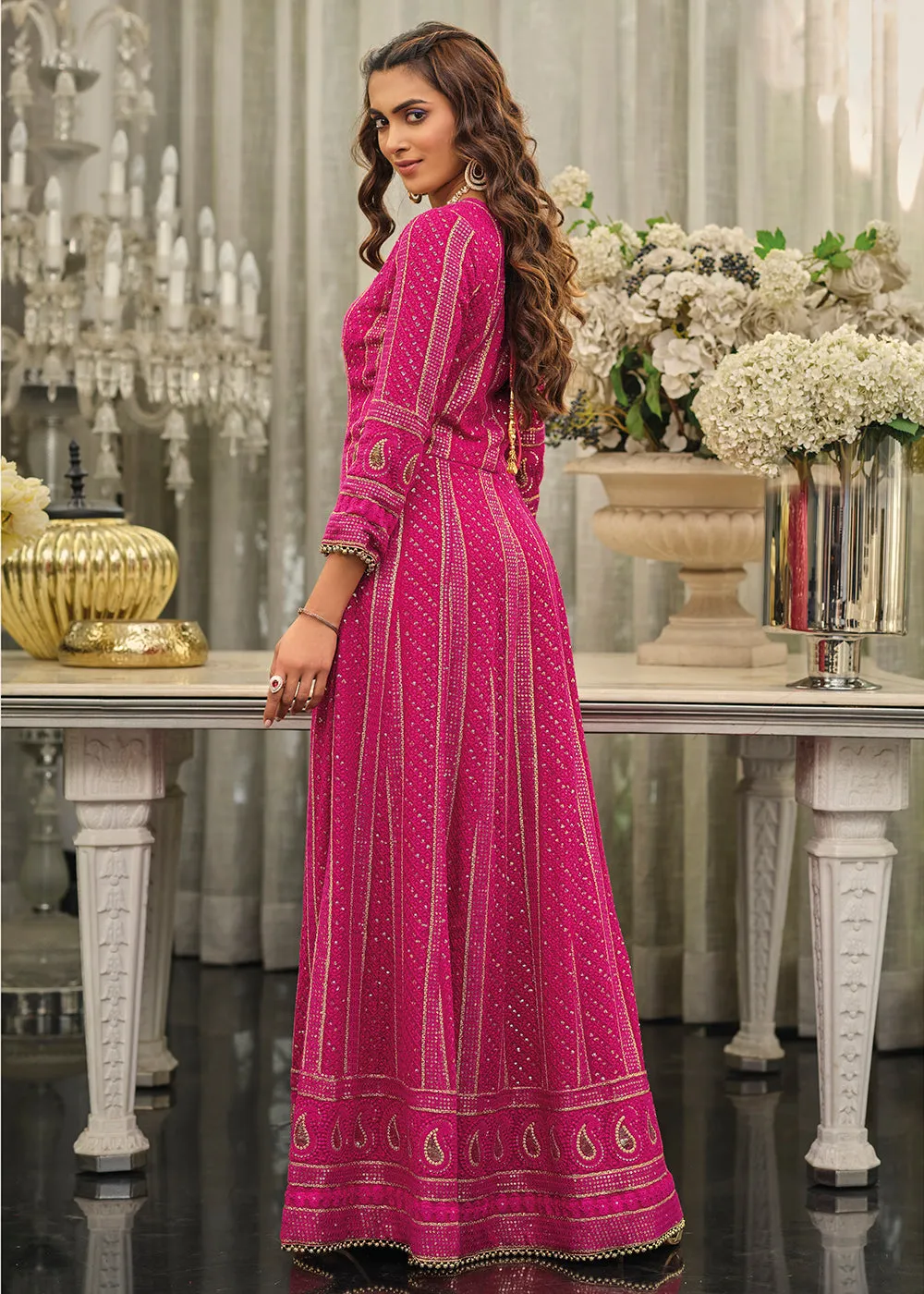 Pink Sangeet Wedding Party Wear Long Anarkali Gown