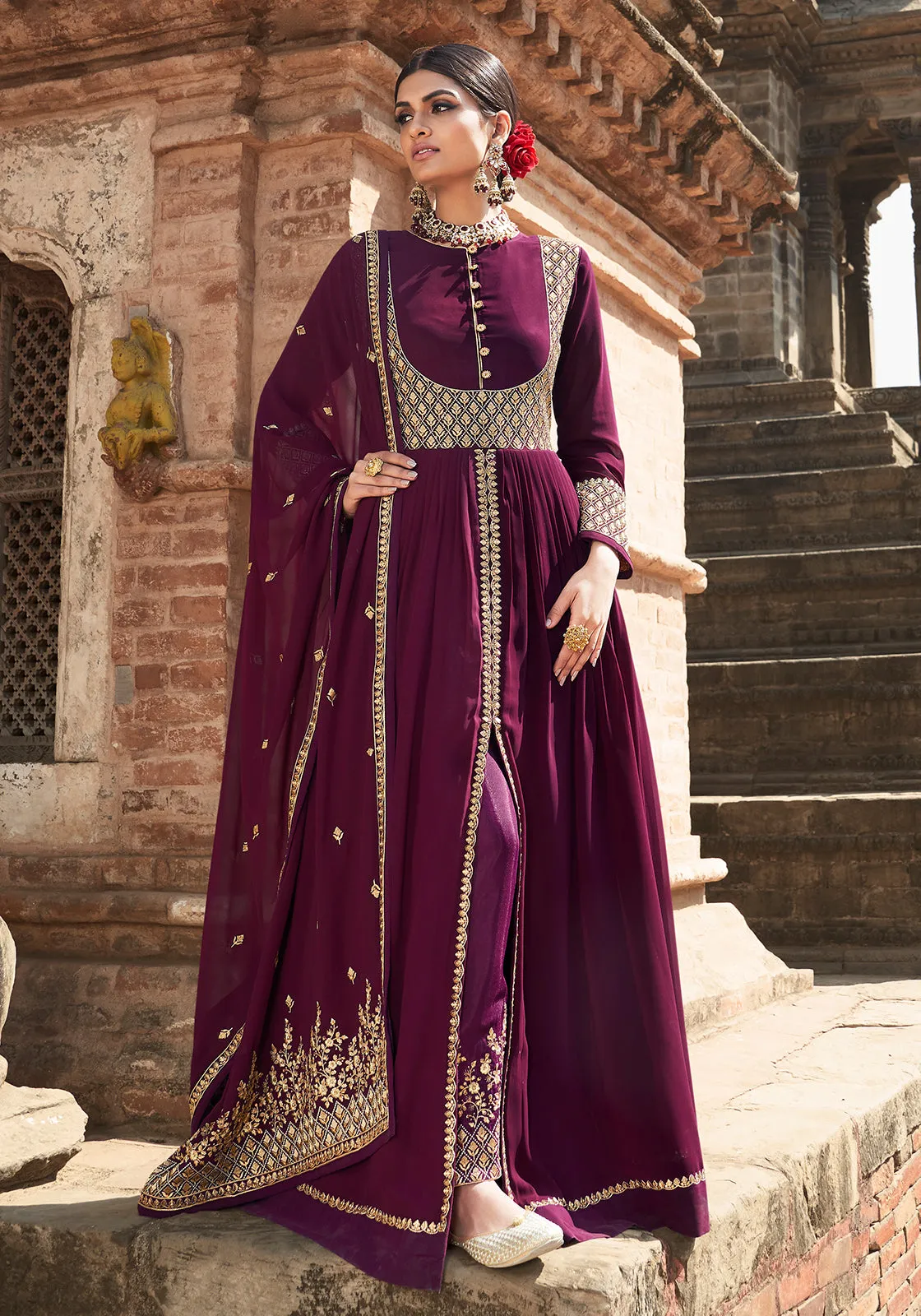 Plum Purple Stone Embellished Floor Length Anarkali Suit