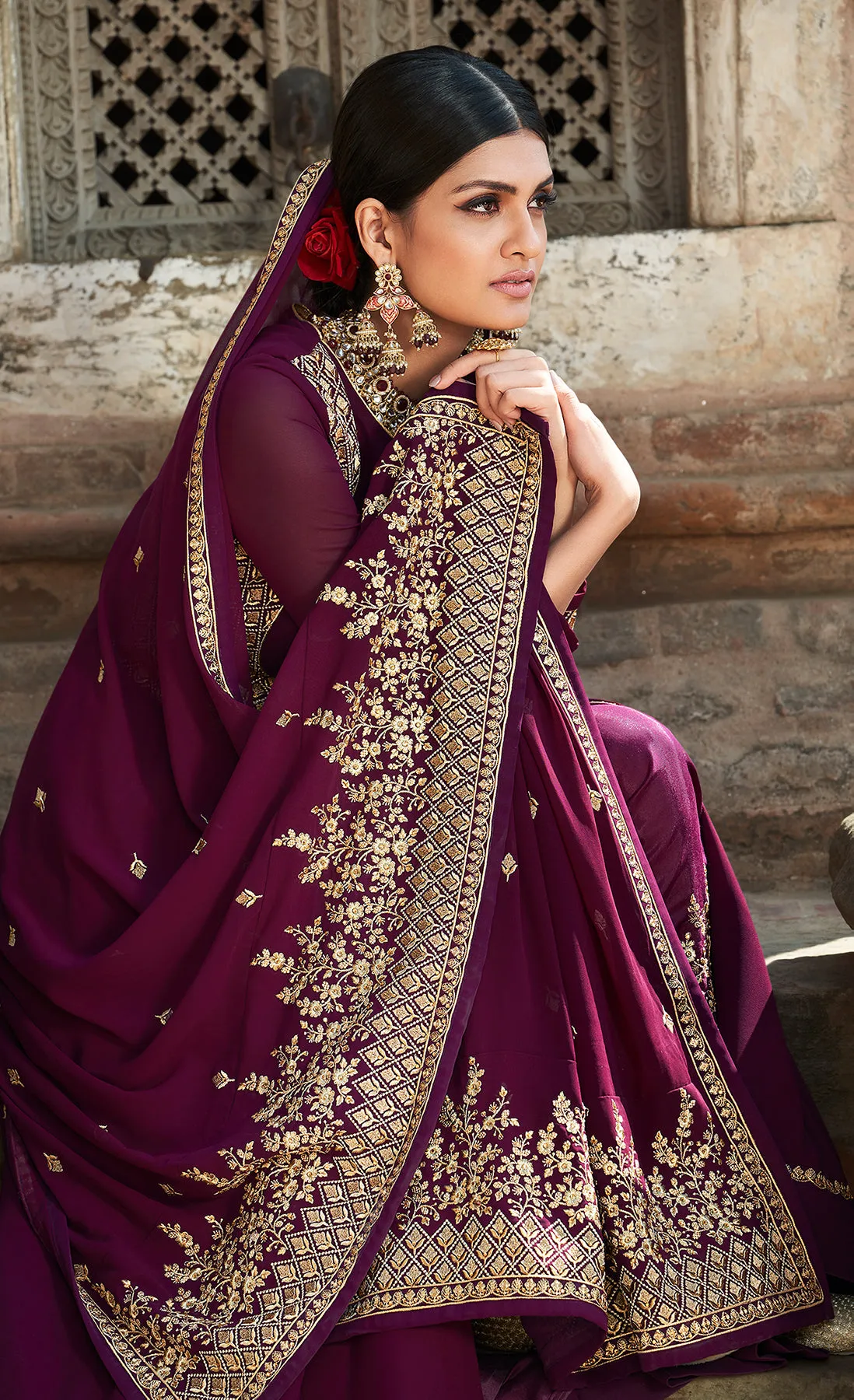 Plum Purple Stone Embellished Floor Length Anarkali Suit