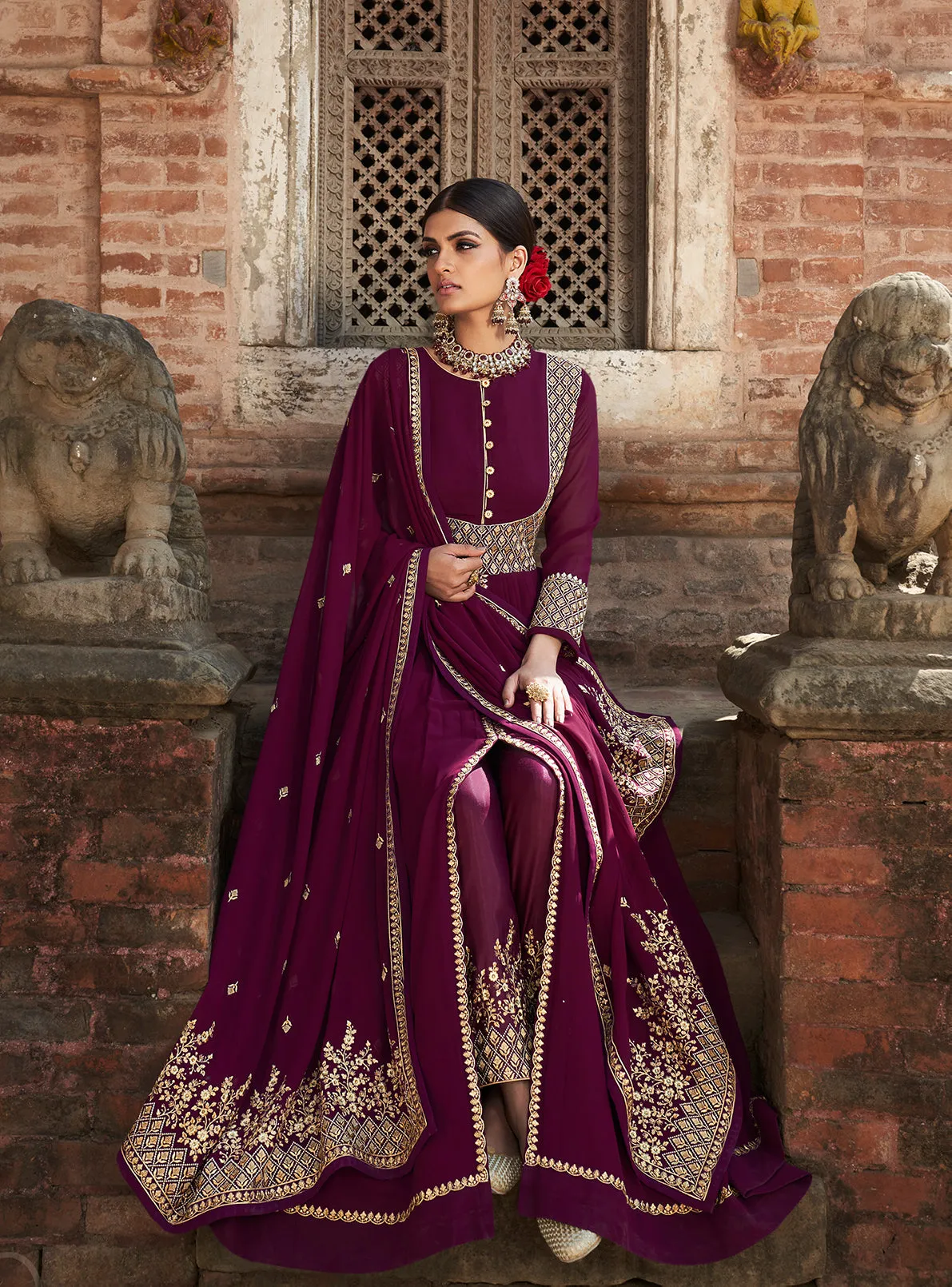 Plum Purple Stone Embellished Floor Length Anarkali Suit