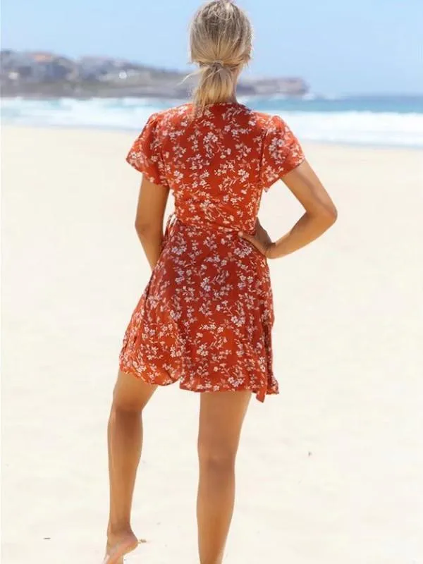 Popular Floral-Print Petal Sleeve Side Lace-Up Mini Dress