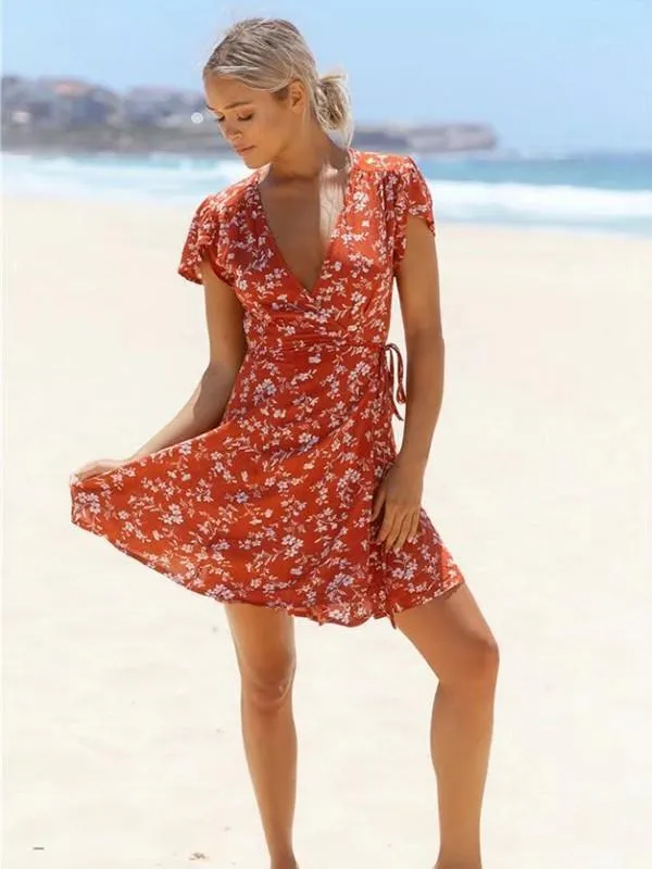 Popular Floral-Print Petal Sleeve Side Lace-Up Mini Dress