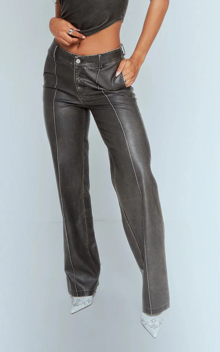 Premium Dark Brown Washed Faux Leather Dip Waist Flared Pants