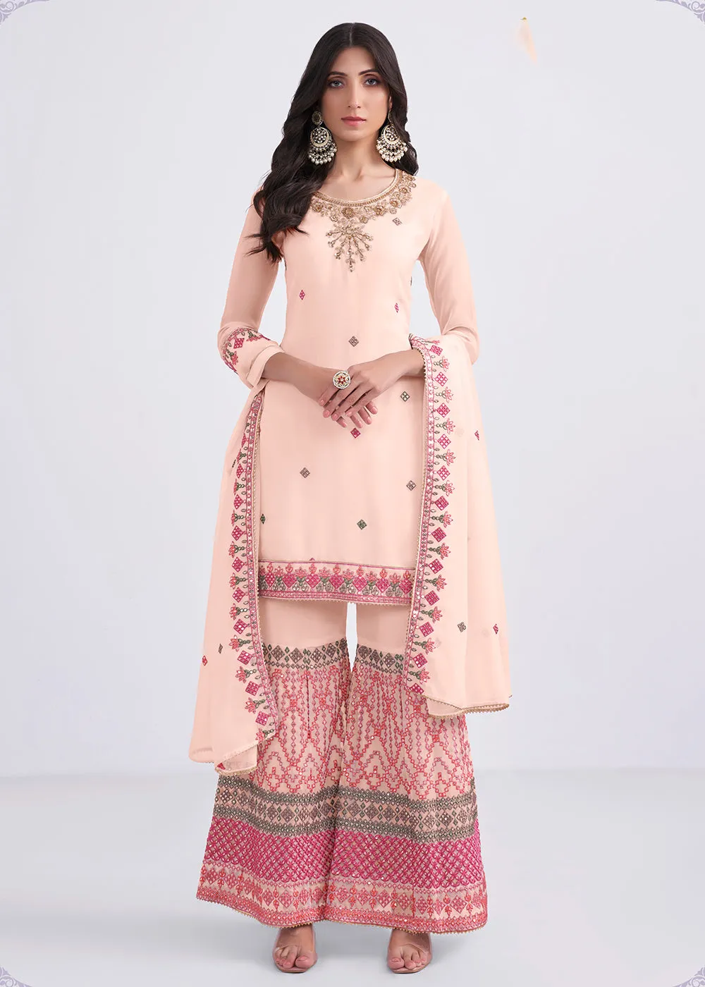 Pretty Peach Sequins & Multi Thread Work Designer Sharara Suit