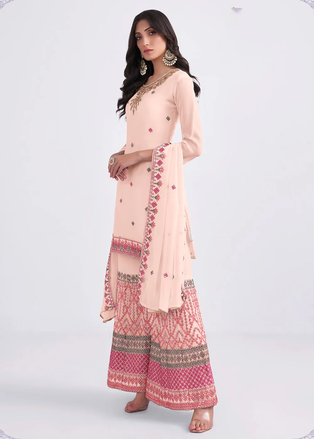 Pretty Peach Sequins & Multi Thread Work Designer Sharara Suit