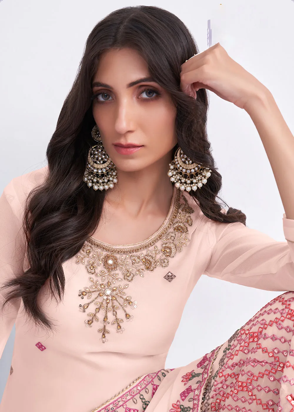 Pretty Peach Sequins & Multi Thread Work Designer Sharara Suit