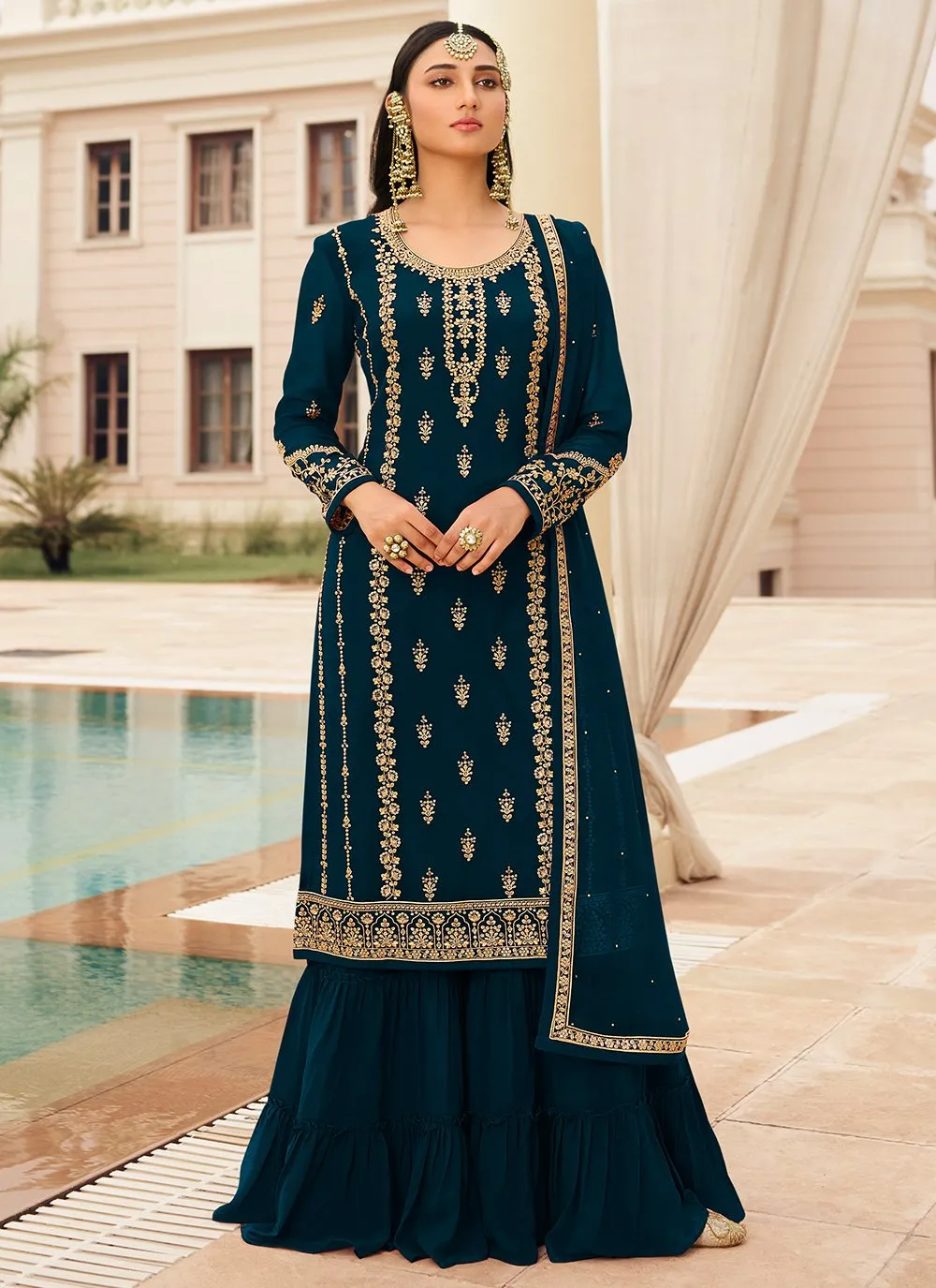 Prussian Blue & Gold Embroidered Sequins Sharara Suit