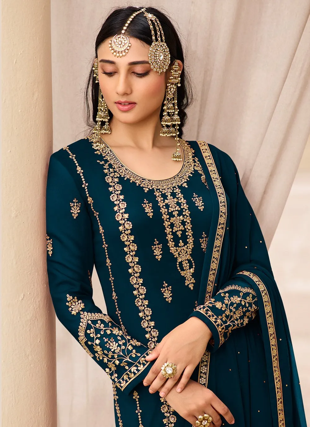 Prussian Blue & Gold Embroidered Sequins Sharara Suit