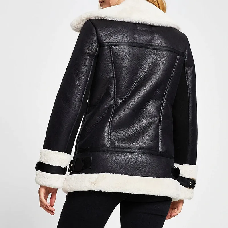 Purpdrank - Autumn Winter Coat Women Pu Faux Soft Leather Black White Sheepskin Fur Jacket Female Aviator Outwear Casaco Feminino