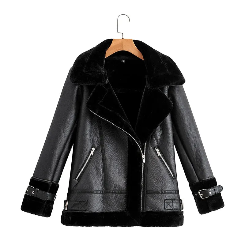 Purpdrank - Autumn Winter Coat Women Pu Faux Soft Leather Black White Sheepskin Fur Jacket Female Aviator Outwear Casaco Feminino