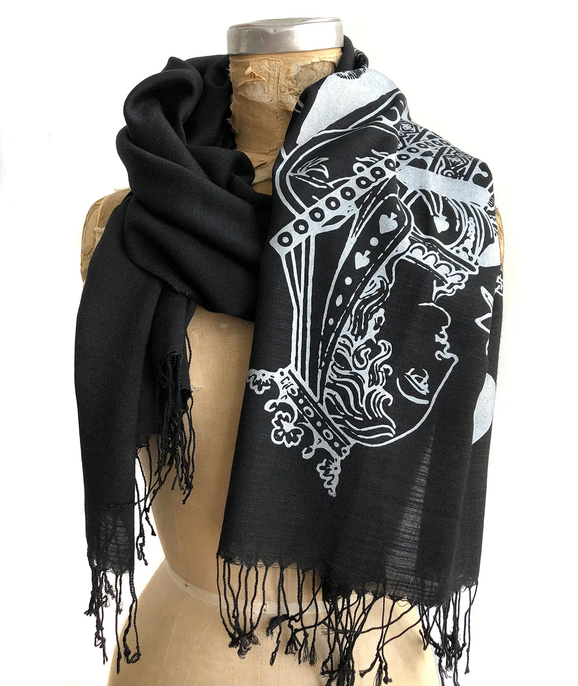 Queen of Spades Scarf, Playing Card Linen-Weave Pashmina