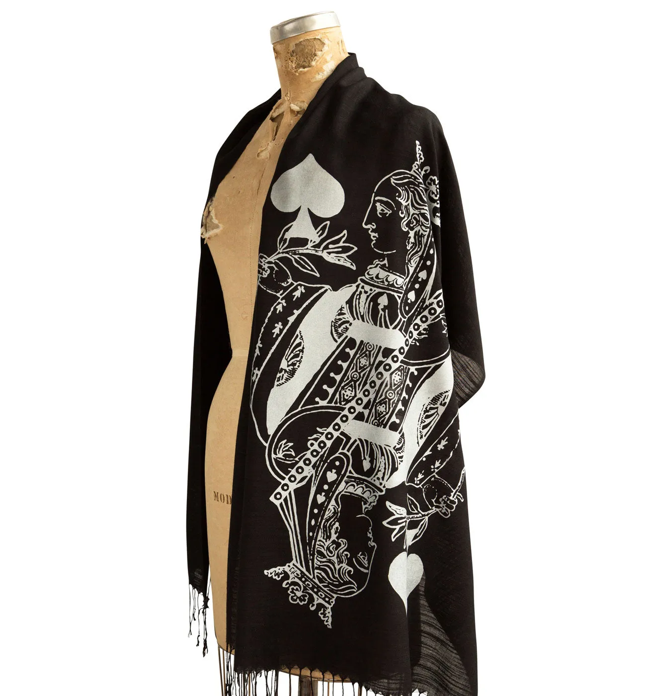 Queen of Spades Scarf, Playing Card Linen-Weave Pashmina