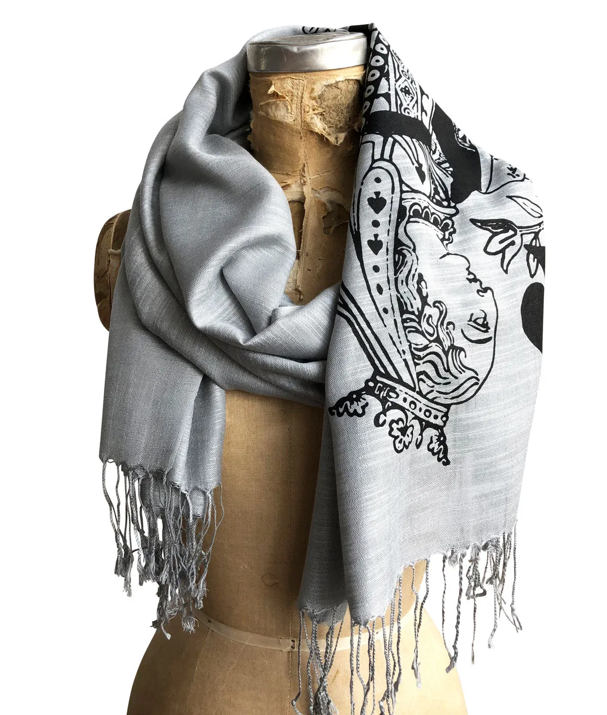 Queen of Spades Scarf, Playing Card Linen-Weave Pashmina