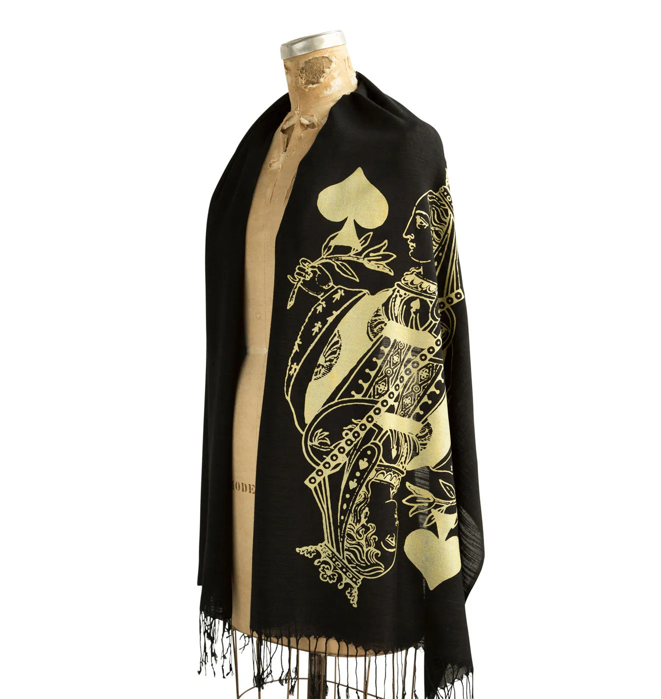 Queen of Spades Scarf, Playing Card Linen-Weave Pashmina